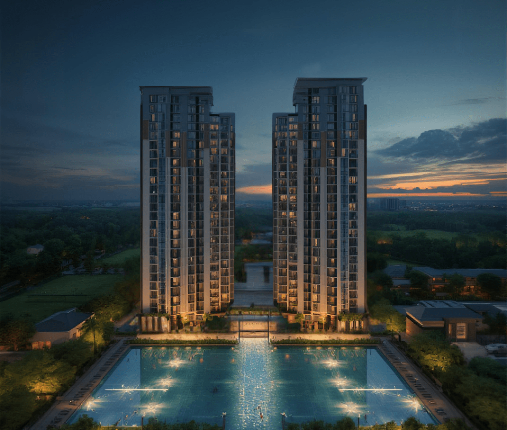 dusk view of golf facing towers and amenities (2)